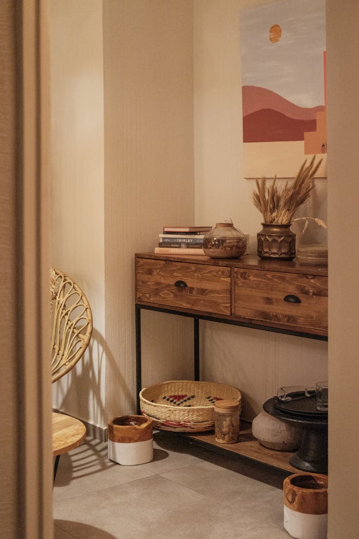 Stylish room interior featuring a wooden drawer, decorative vases, and books.